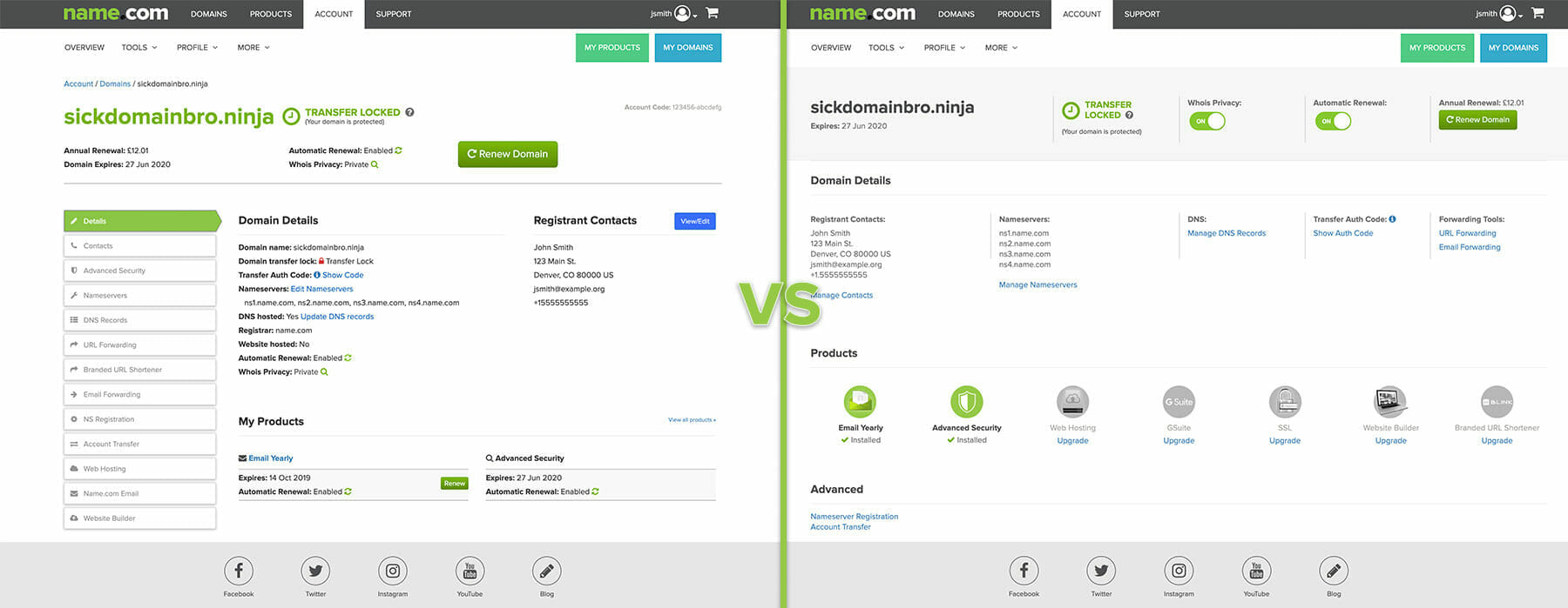 New vs. old domain details.